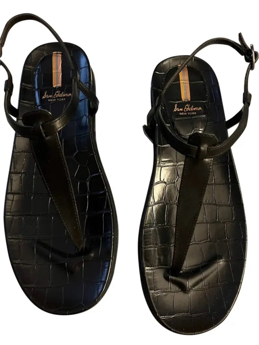 Sam Edelman Black Croc-Embossed T‑Strap Leather Sandals